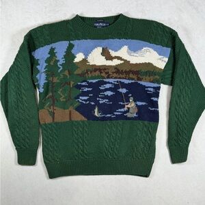 Vintage Nautica Hand Knit Cable Knit Fishing Scene Nautical Preppy Sweater